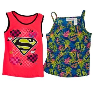 Supergirl Size‎ M 7/8 Tank Top Set Girls Superhero Tropical Hearts 2pc Bundle